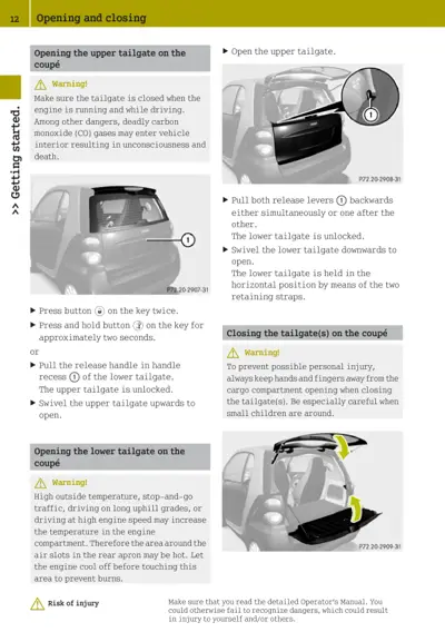 Tailgate opening procedures with numbered callouts showing release levers and swivel directions.