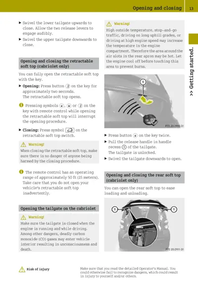Instructions for operating retractable soft top and tailgate on Smart Fortwo cabriolet with warning labels.