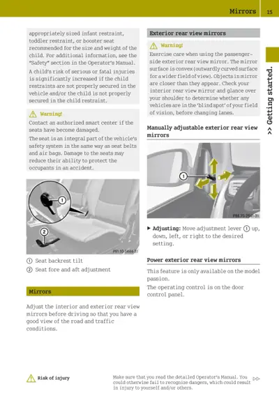 Mirror adjustment diagram showing lever positions and power mirror control location on door panel.