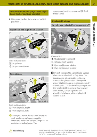 Steering column combination switch with numbered callouts showing high beam, flasher, turn signals, and wiper functions.