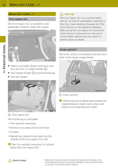 Two diagrams showing tire repair kit under carpet and first-aid kit in cargo area with numbered callouts.