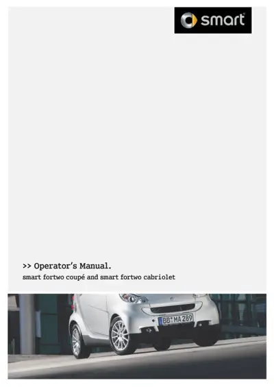 Smart Operator's Manual cover showing white fortwo vehicle parked against building.