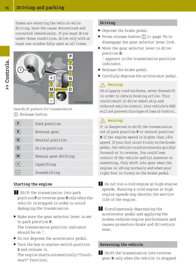 Transmission gearshift diagram showing P, R, N, D, M positions and driving instructions with warnings.