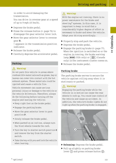 Numbered callouts showing parking brake lever and release button on vehicle interior.