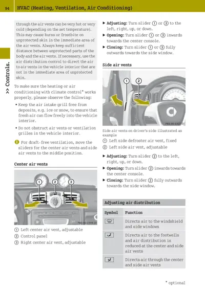 HVAC controls page showing center air vents diagram, side air vents diagram, and air distribution symbols with adjustment instructions.