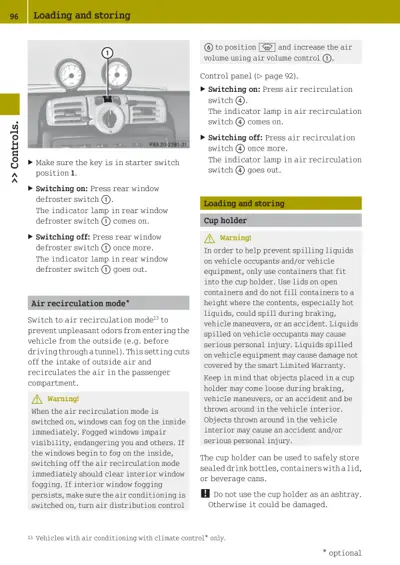 Owner manual page showing dashboard switches and cup holder usage guidelines with safety warnings.