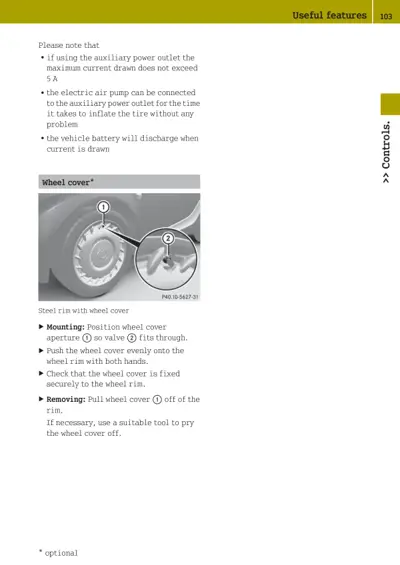 Diagram showing wheel cover installation with valve alignment and removal instructions.