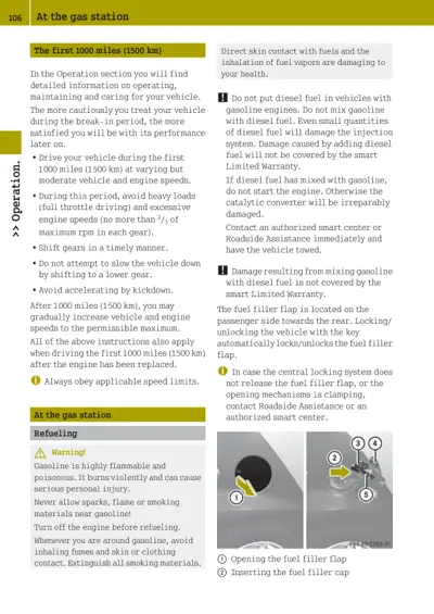 Owner manual page showing first 1000 miles operation guidelines, fuel safety warnings, and numbered fuel filler cap installation steps.