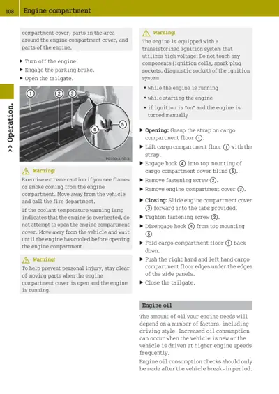 Engine compartment access instructions with five numbered diagram callouts and safety warnings.