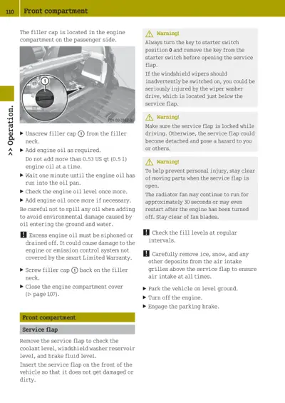 Photo of unscrewing engine oil filler cap from filler neck; instruction text with three warning callouts.