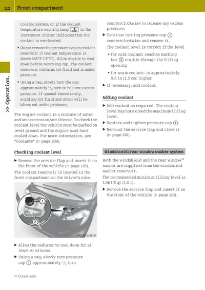Diagram showing coolant reservoir with numbered callouts for pressure cap and level marking on Smart Fortwo driver's side.