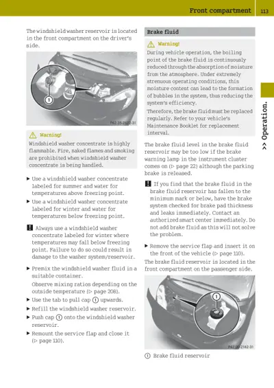 Two engine bay photos showing washer and brake fluid reservoir locations with numbered callouts.