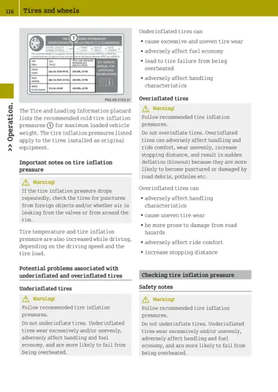 Tire pressure placard and text explaining effects of underinflated and overinflated tires on vehicle performance.