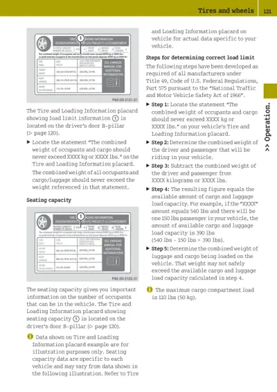 Tire and Loading Information placard with load limit and seating capacity data table.