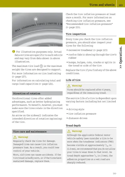 Page 123 from Tires and wheels section showing tire care maintenance instructions and safety warnings.
