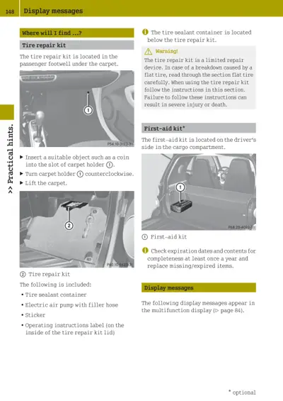 Owner manual page showing tire repair kit under carpet and first-aid kit in cargo area with numbered callouts.
