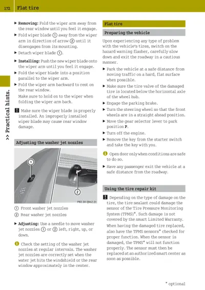 Manual page with flat tire procedures, wiper blade diagrams, and safety instructions.