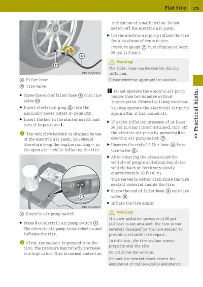 Diagram showing tire valve connection and electric air pump switch with numbered callouts and warning instructions.