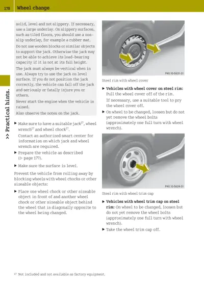 Two photos showing steel rim with wheel cover and trim cap removal techniques.