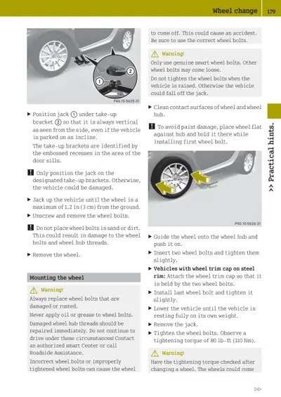 Service manual page showing wheel change instructions with numbered callouts and warning boxes.