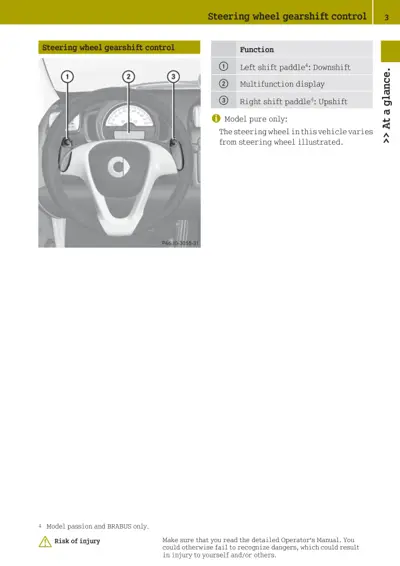 Steering wheel showing three numbered callouts for shift paddles and display on fortwo 451.