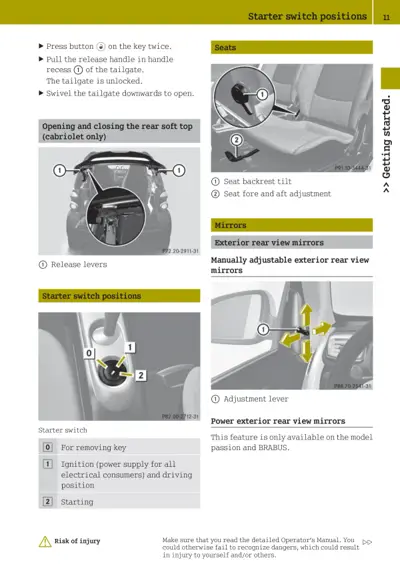 Starter switch diagram showing positions 0-2, seat adjustment controls, and exterior mirror adjustment levers.