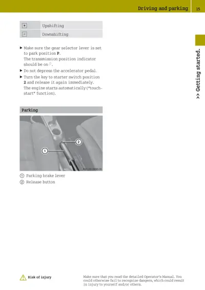 Parking brake lever and release button identified with callout numbers 1 and 2.