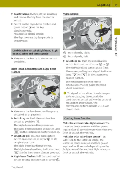 Steering column combination switch diagram showing turn signal positions and high-beam flasher controls
