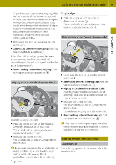Wiper switch positions and operation instructions with circled callout examples on steering column.
