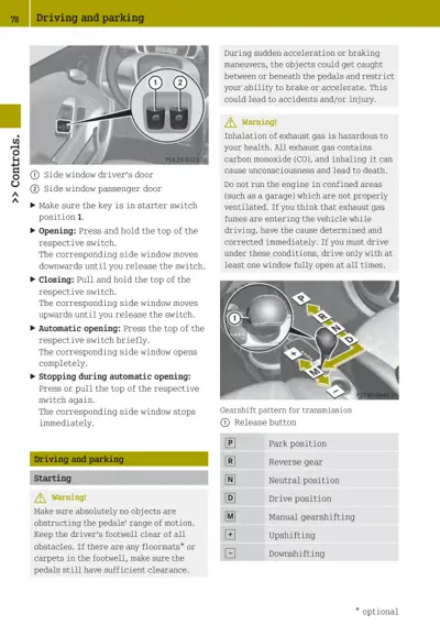 Driver door window controls with numbered callouts and transmission gearshift pattern diagram with position labels.