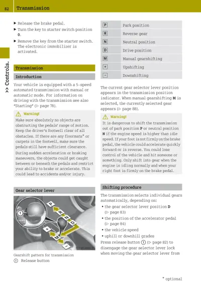 Transmission section showing gear selector lever positions P, R, N, D, M, +, - and shifting procedures with warnings.