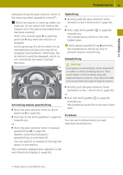 Transmission manual gearshift control instructions with steering wheel shift paddle locations marked 1 and 2.