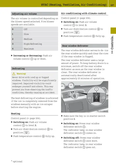 Manual page showing HVAC controls, blower speed settings 0-4, defrosting warnings, heating instructions, and rear window defroster switch location.
