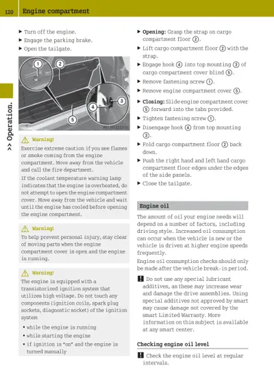 Engine compartment opening instructions with five numbered callout points on cargo area diagram.
