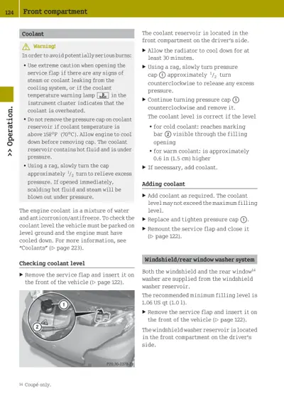 Coolant cap with numbered callouts showing pressure cap and fill level marking bar