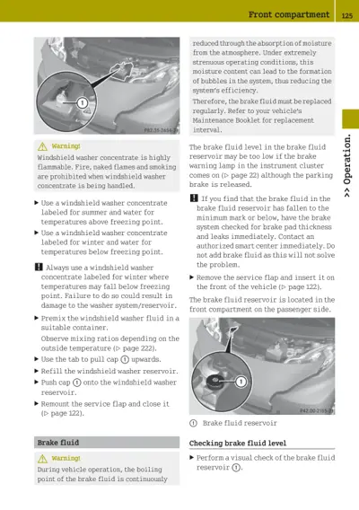Two photos showing brake fluid reservoir cap location with callout marker 1, windshield washer procedures above.