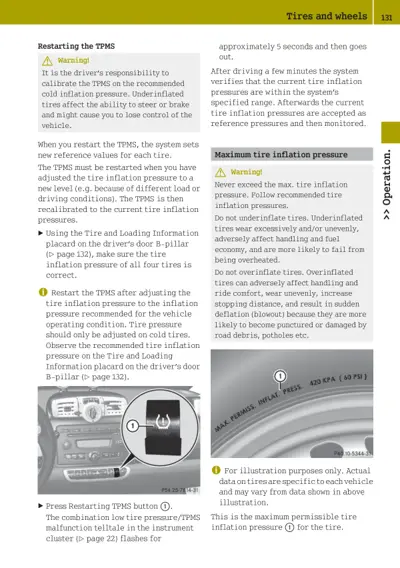 Manual page showing tire pressure monitoring system restart instructions and maximum tire pressure warning details.