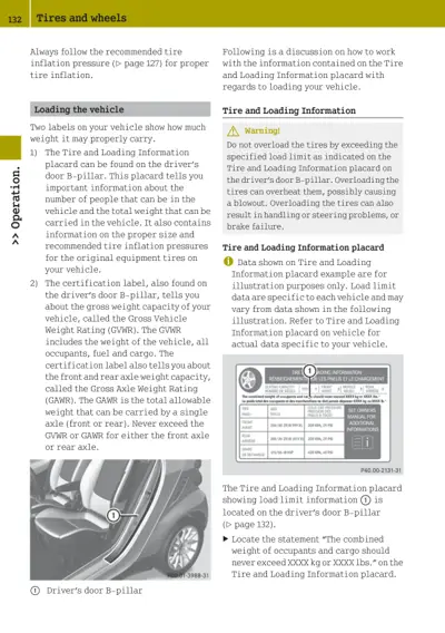 Owner's manual page explaining tire inflation, vehicle loading limits, and Tire and Loading Information placard details.