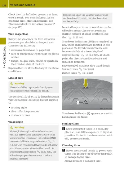 Owner manual page 136 showing tire inspection checklist, tread depth specifications, and treadwear indicator diagram with yellow arrow.