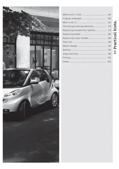 Text-based index listing topics like battery replacement, flat tire, wheel change, and fuses with page numbers.