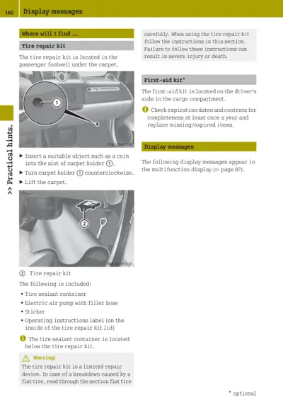 Owner's manual page showing tire repair kit and first-aid kit locations with numbered callout diagrams.