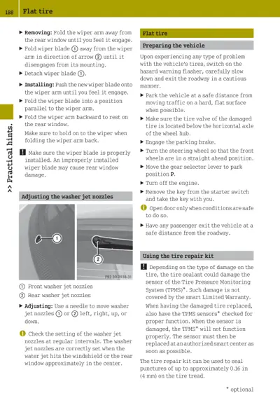 Page 188 showing flat tire procedures, wiper blade removal/installation, washer nozzle adjustment with numbered callouts, and tire repair kit warnings.