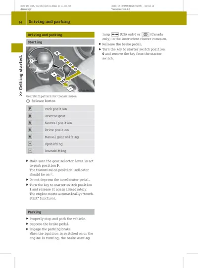 Steering wheel and gear shifter diagram showing starting steps and transmission positions P, R, N, D, M, +, -.