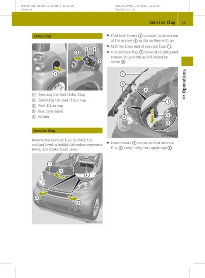 Numbered diagrams showing fuel filler cap location and service flap removal steps with lever positions.