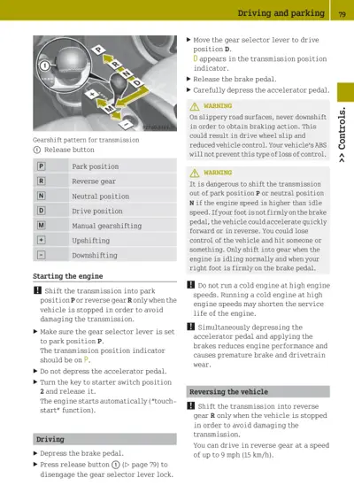 Gearshift lever diagram showing gear positions P, R, N, D, M with release button, and transmission operation instructions.