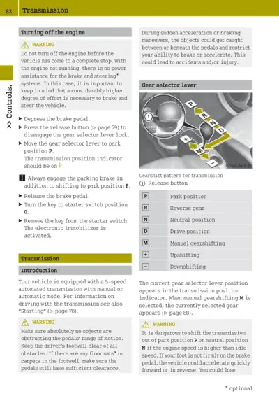 Gear selector lever diagram showing P, R, N, D, M positions and engine shutdown instructions.