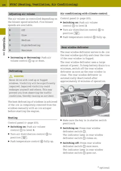 HVAC system manual page showing blower speeds, heating procedures, air conditioning settings, and rear window defroster instructions.