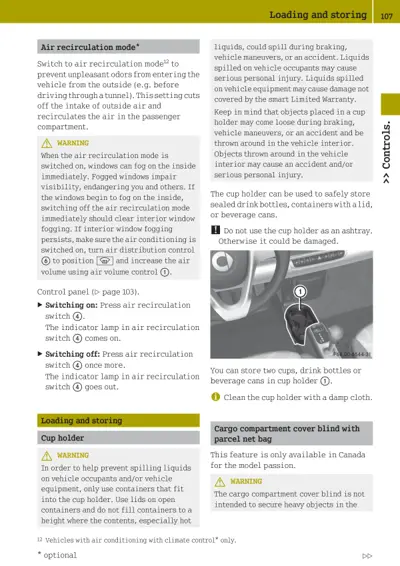 Owner manual page showing HVAC air recirculation mode controls, cup holder usage, and cargo cover blind safety information.