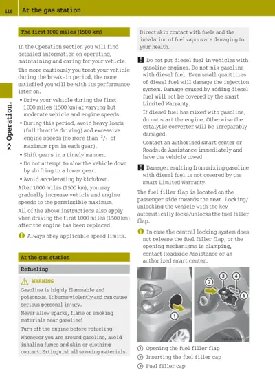Refueling instructions with diagrams showing fuel filler cap removal and safety warnings for gasoline handling.