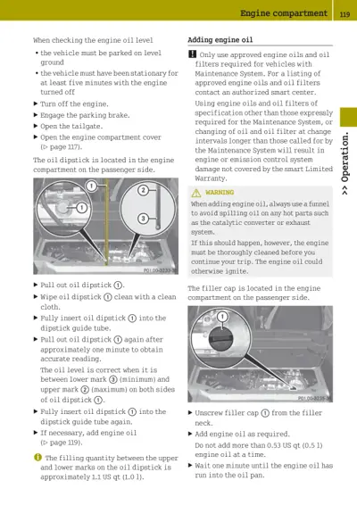 Oil dipstick and filler cap locations in engine compartment with numbered callouts.